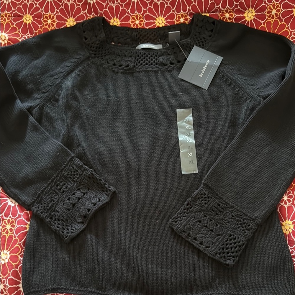 Liz Claiborne Black Crew Neck Sweater with crochet details
